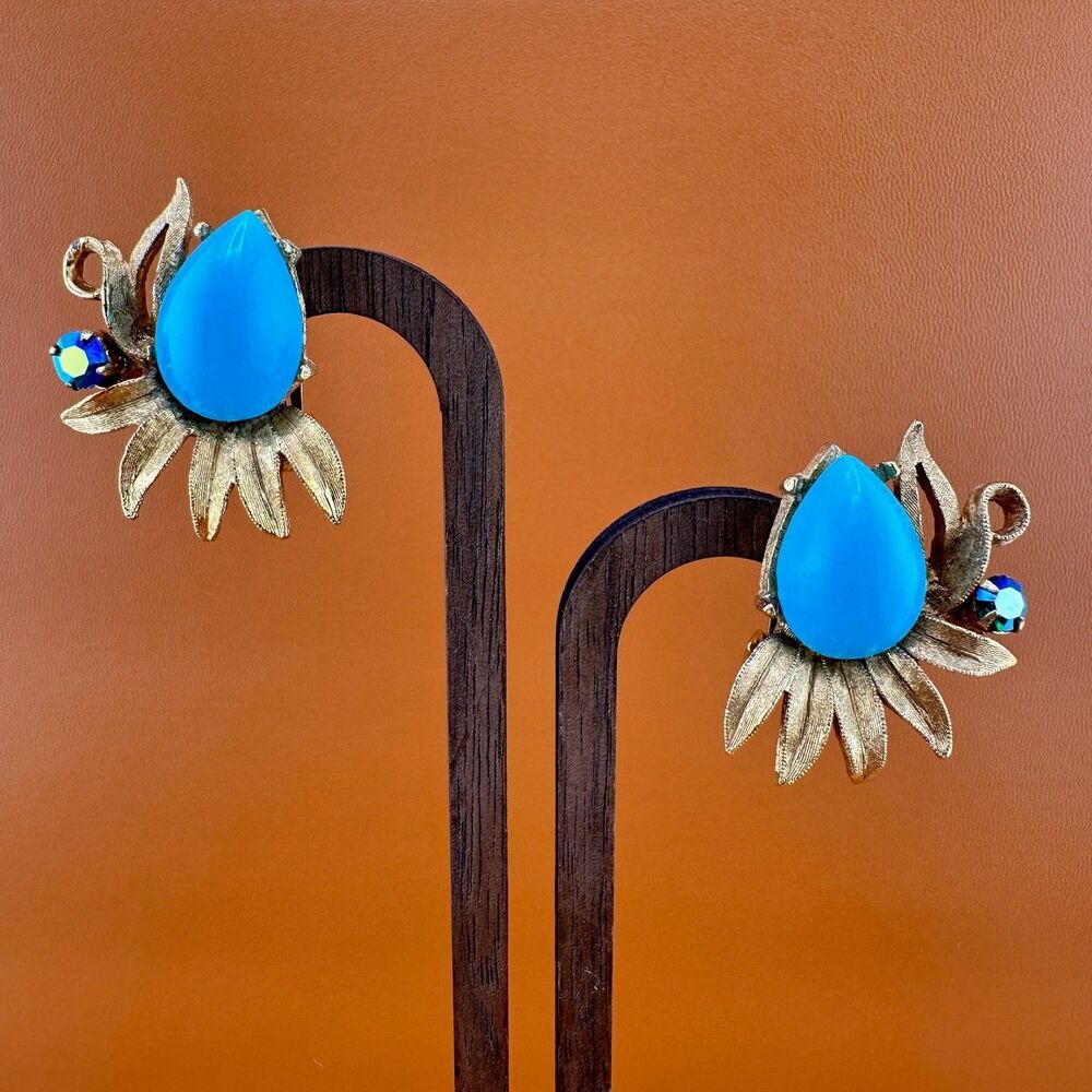 Vintage Clip On Earrings Blue Teardrop Cabochon Flower AB Rhinestone Gold Tone